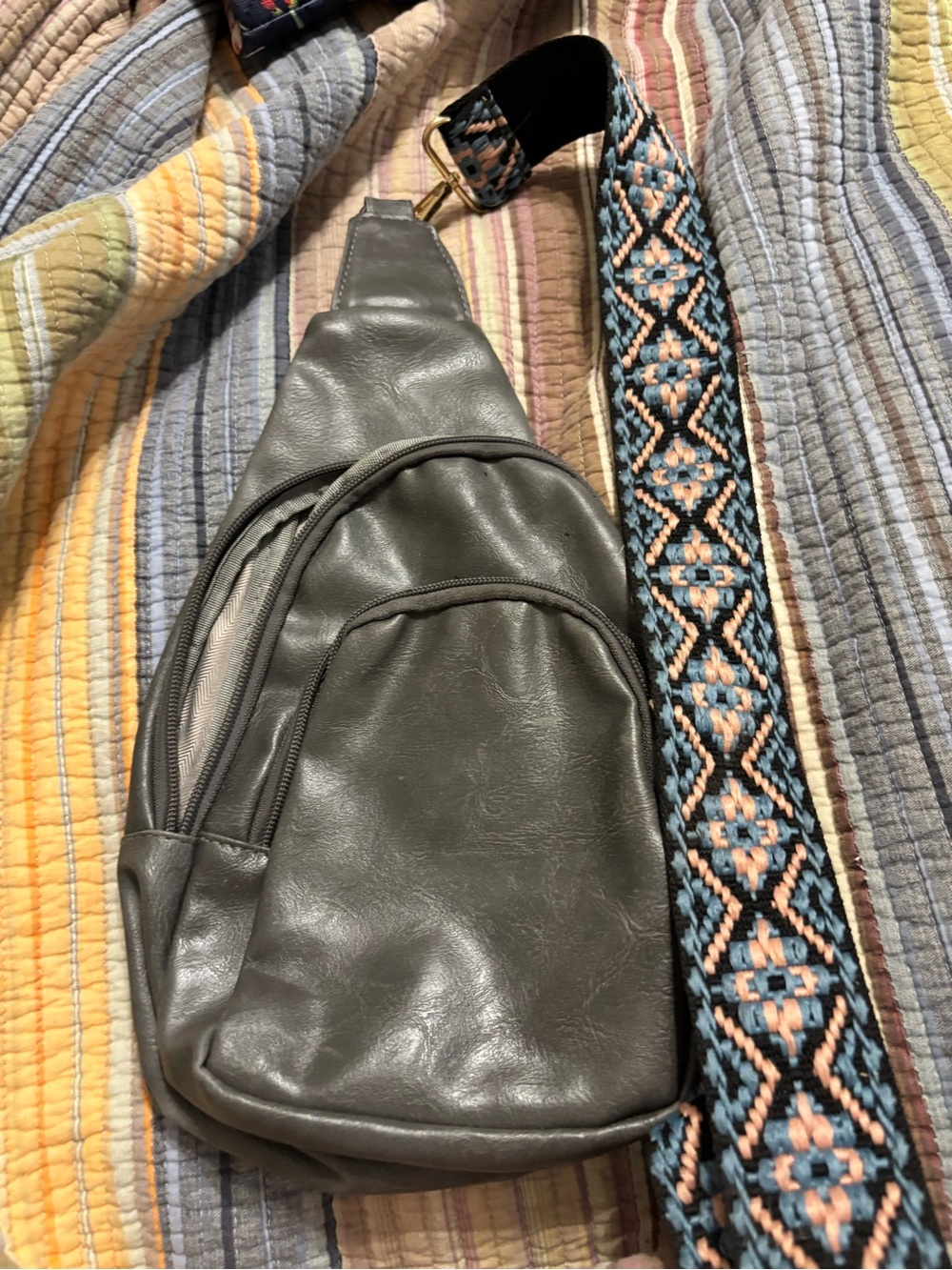 Gray Leather Crossbody Sling Bag with Patterned Strap